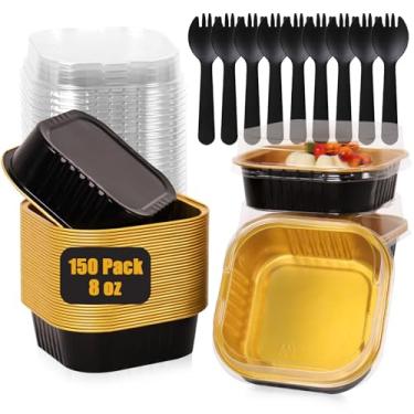 Imagem de FORBFAN Pacote com 150 mini formas de bolo quadradas de 227 g com tampas, copos quadrados de folha de alumínio para brownie, preto e dourado, seguros para forno de ramequins descartáveis