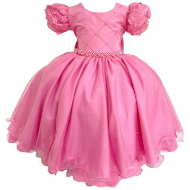 Imagem de Vestido Rosa Brilho Suave e Detalhes Florais Infantil Menina
