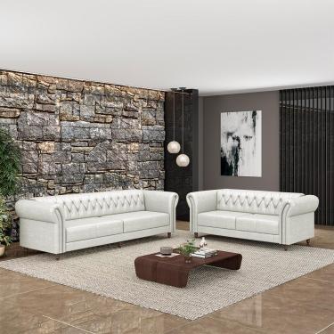 Imagem de Conjunto de Sofá Sala de Estar Stanford Chesterfield 2 e 3 Lugares 180cm/240cm Pés Madeira Couro Branco Manchado G58 - Gran Belo