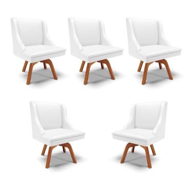 Imagem de Kit 5 Cadeiras Decorativas Sala de Jantar Base Giratória de Madeira Firenze PU Branco Fosco/Natural G19 - Gran Belo