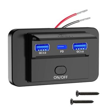 Imagem de Carregador automotivo de 12 a 24 V, tomada USB com duas portas QC3.0 e PD e botão liga/desliga 66 W, carregamento rápido para telefones