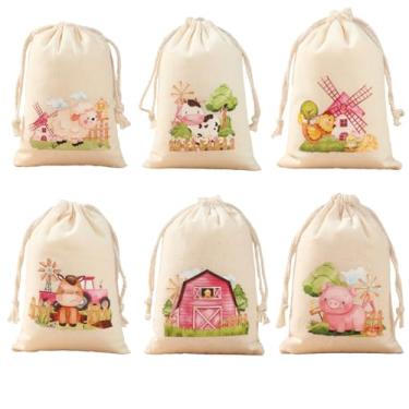 Imagem de 6 peças, bolsa de presente de animais de fazenda pequena, reutilizável com cordão, tema animal de fazenda fofo, decoração de festa de aniversário, decoração de casamento, suprimentos de embrulho de