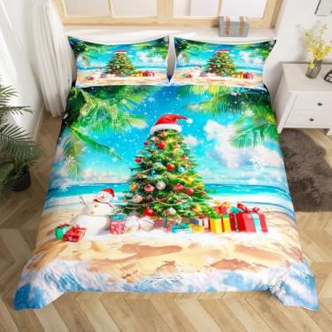 Imagem de Conjunto de capa de edredom de praia do Havaí, solteiro, árvore de Natal, boneco de neve, decoração de quarto de crianças, meninas, meninos, 2 peças, capa de edredom com tema de Natal e palmeira, 1