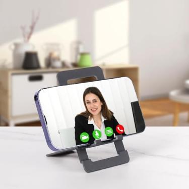 Imagem de Suporte de telefone portátil, dobrável de alumínio ajustável, suporte de celular para mesa, suporte de viagem, acessórios de escritório compatíveis com todos os smartphones, cinza