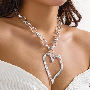Imagem de Colar feminino grosso com coração grande, corrente grossa ajustável Y2K, gargantilha de amor, pingente de coração exagerado, Adjustable, Liga de aço, Sem Pedra Preciosa