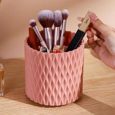 Imagem de Porta Pincéis e Canetas Giratório 360° com Tampa | Organizador de Maquiagem e Escritório 5 Compartimentos | Material PP Resistente (Rosa)