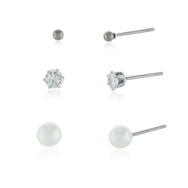 Imagem de Kit 3 Pares de Brincos Aço Inoxidável Feminino Trio Acessórios Brinco Zircônia Cristal Pérola e Bolinha Inox