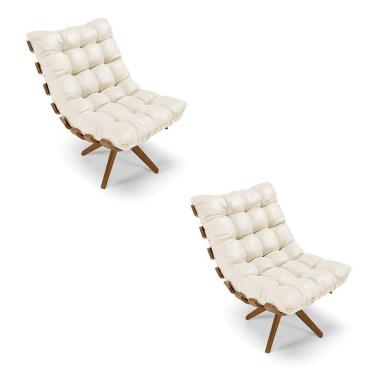 Imagem de Kit 02 Poltronas Giratória Costela Corino Bege Base Madeira