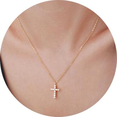 Imagem de Colar de cruz delicada para mulheres, pingente de zircônia cúbica de aço inoxidável banhado a ouro ou prata, joia minimalista em camadas para presente, 16 Inches, Aço inoxidável, Sem Pedra Preciosa