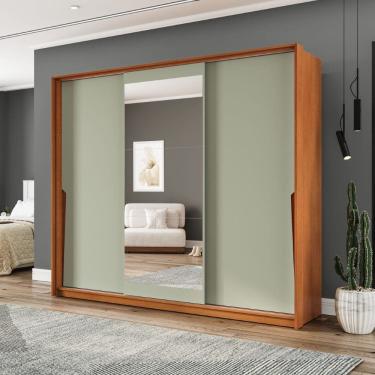 Imagem de Guarda Roupa Roupeiro 3 Portas de Correr 4 Gavetas com Espelho Porto Freijó Verde Politorno Móveis