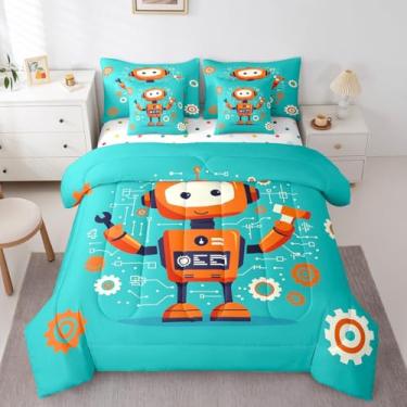 Imagem de Castle Fairy Jogo de cama de robô fofo em uma bolsa, moderno, robô de ficção científica, solteiro, 7 peças para crianças, adolescentes, jogo de cama engraçado com edredom, conjunto de lençóis, fronhas