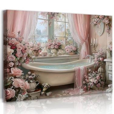Imagem de Frimeeme Arte de parede em tela de banheiro vintage, estampa de banheira rosa rosa, decoração floral de luxo, 30,5 x 40,6 cm