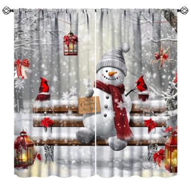 Imagem de Cortinas de boneco de neve de Natal, cinza floresta de neve de inverno, lindos pássaros vermelhos de Natal, boneco de neve, tratamentos de janela para cozinha, quarto, sala de estar, 107 x 114 cm (sem