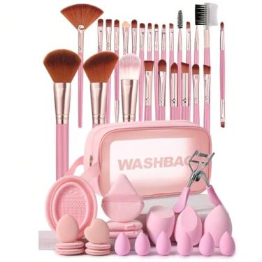 Imagem de Conjunto de 46 pincéis de maquiagem e esponjas de maquiagem para líquido, creme e pó - polido, mistura e pincel facial (Rosa)