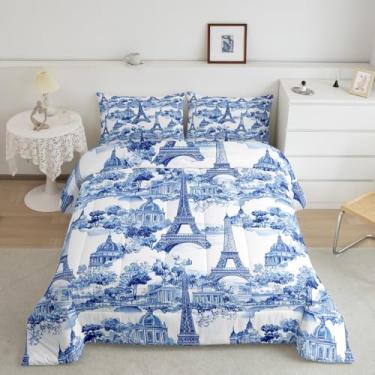 Imagem de jejeloiu Conjunto de edredom casal Torre Eiffel, Paris, para meninos, meninas, adolescentes, dia dos namorados, conjunto de edredom para decoração de quarto, azul claro