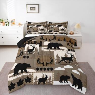 Imagem de Feelyou Conjunto de cama xadrez rústico macio para meninos e meninas, cabana de cabana, tamanho casal, alce, alce, alce, edredom, microfibra, marrom, decoração de quarto, 3 peças com 2 fronhas