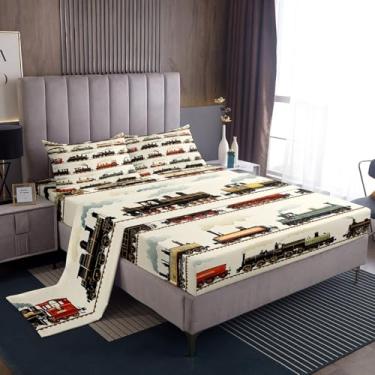 Imagem de Feelyou Jogo de lençol solteiro vintage com trem a vapor, retrô, locomotiva a vapor retrô, para meninos e meninas, com bolso alto, trem de veículo