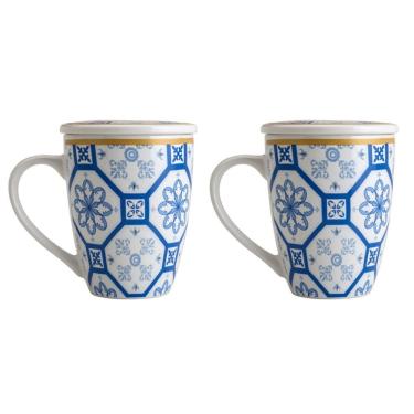 Imagem de Kit 02 Canecas Para Chá De Porcelana Com Tampa 340 Ml Lyor