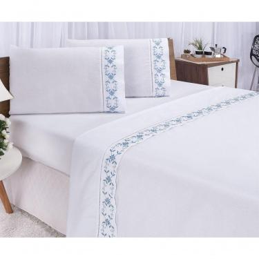 Imagem de Jogo Lençol Veneza Quarto Casal Queen Bordado 4 Peças 2fronha Cor: Branco Com Azul
