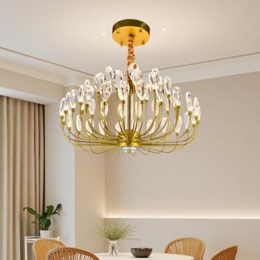 Imagem de DHFHFMDCJDNN Lustre de cristal moderno, lustres dourados redondos de 60 cm para sala de jantar 48 W luminárias pendentes de teto LED para cozinha, ilha, hall de entrada, sala de estar
