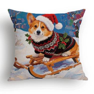 Imagem de Capa de almofada de inverno, capa de travesseiro de cachorro de inverno, presentes de Natal, fronha de trenó corgi para sofá cama, capa de almofada de casa de fazenda sazonal, decoração de casa 45 x