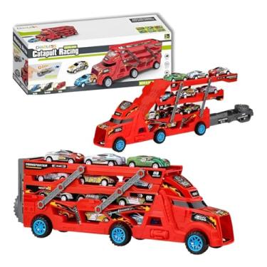 Imagem de Caminhão Cegonha Carreta Pista Com Lançador E 6 Carrinhos (Vermelho)