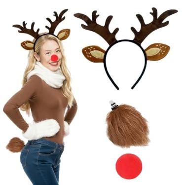 Imagem de Tirdkid Tiara de chifres de rena com nariz vermelho e cauda de veado acessório de fantasia de rena com nariz vermelho perfeito para festas de fim de ano, Chifres de rena, M