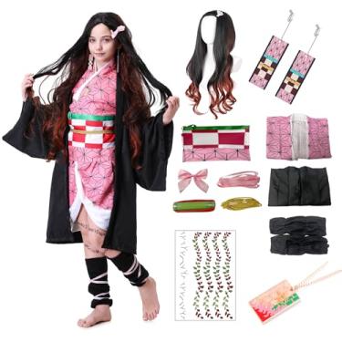 Imagem de Powzaty Fantasias de quimono de anime para mulheres, meninas, Halloween, cosplay, roupas rosa, uniforme de festival de capa com peruca (conjunto rosa, crianças 160)