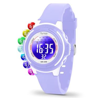 Imagem de TixYolo Relógio digital infantil com 7 luzes coloridas à prova d'água, alarme, cronômetro, pulseira macia, presente para crianças, relógio esportivo para meninos e meninas de 5 a 12 anos, Roxa