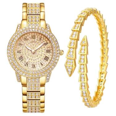 Imagem de Kchss Relógio de pulso feminino interior completo diamante brilhante strass gelo cristal de quartzo aço inoxidável feminino, Ab. Ouro