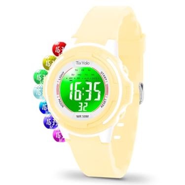 Imagem de TixYolo Relógio digital infantil com 7 luzes coloridas à prova d'água, alarme, cronômetro, pulseira macia, presente para crianças, relógio esportivo para meninos e meninas de 5 a 12 anos, Amarelo