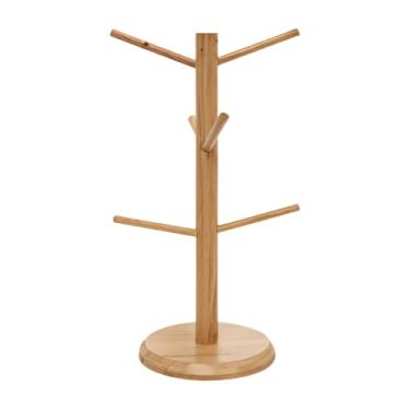 Imagem de LUMINFLY Caneca de café de madeira com 6 ganchos, suporte de xícara de café que economiza espaço, organizador independente para bancada de cozinha, cor de madeira natural