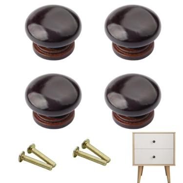 Imagem de KMYZQDV 4 maçanetas de madeira para cômoda e gavetas puxadores de armário de madeira marrom puxador único para portas de armário de móveis artesanato puxadores de gaveta e pontas de diâmetro 3,8 cm de