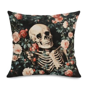 Imagem de Capa de almofada decorativa de linho branco frente e verso preto esqueleto flores de açúcar caveira e rosas (45 x 45 cm), capa de almofada floral gótica para primavera, Halloween, dia de todos os