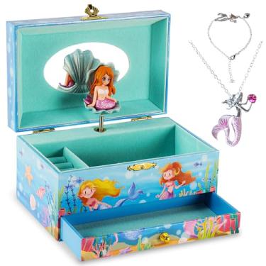 Imagem de Cipherwest Caixa de joias musical sereia para meninas – toca o Lago dos Cisnes, inclui colar e pulseira de sereia – Organizador musical de armazenamento de joias com gaveta e estatueta giratória