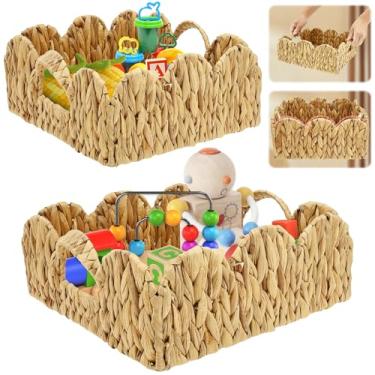 Imagem de 2 peças de cesta de armazenamento de palha, organizador decorativo de tecido recortado com alça dupla para quarto, banheiro, sala de estar