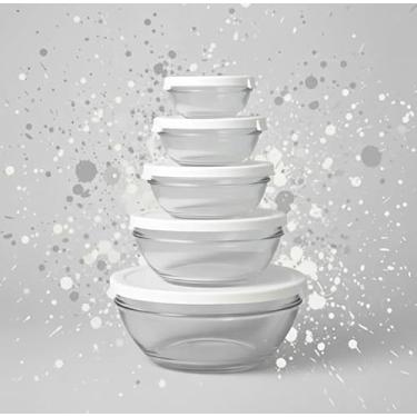 Imagem de Conjunto de Potes Herméticos de Vidro, 5 Peças, Redondo, Tampa Plástica Branca, Resistente ao Freezer e Microondas, para Armazenamento de Alimentos
