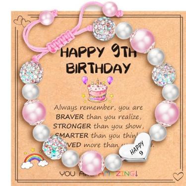 Imagem de Esrial Happy 3, 4, 5, 6, 7, 8, 9, 10, 11, 12 anos, presente de aniversário para ela, pulseira ajustável com contas de coração de pérola rosa para filha, neta, sobrinha, presentes de aniversário e