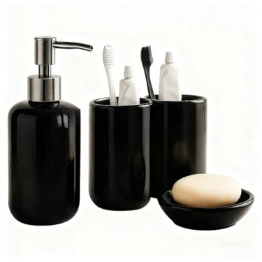 Imagem de Kit Banheiro 4 Peças em Cerâmica – Dispenser c/Bomba Cromada, 2 Porta-Escovas e Saboneteira Premium(Preto)