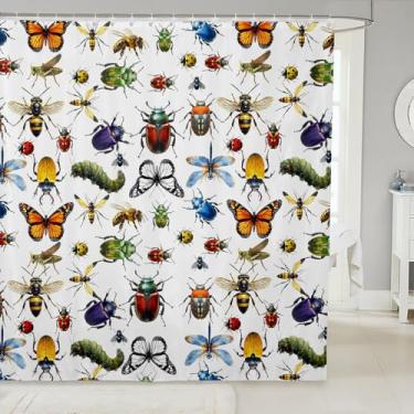 Imagem de Manfei Cortinas de chuveiro coloridas para crianças, borboleta, libélula, mel, joaninha, besouro, para meninos e meninas, animais selvagens, rústica, branca, impermeável, cortinas, 12 ganchos, 182 cm