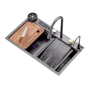 Imagem de Pia de cachoeira de aço inoxidável, pia de bar, pia de cozinha de estação de trabalho, pia de fazenda com acessórios de pia (80 x 45 cm/31,5 x 17,7 cm, cinza pistola)