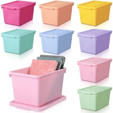 Imagem de Potchen 8 caixas de armazenamento de plástico com tampa média empilhável e bloqueável 24 x 14 cm para organizar cestas de armazenamento para prateleiras de escritório (cor mista)