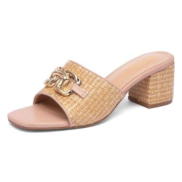Imagem de NEWBELLA Sandálias femininas de salto bloco salto quadrado aberto corrente de metal slip on mules sapatos elegantes, Caqui, 37