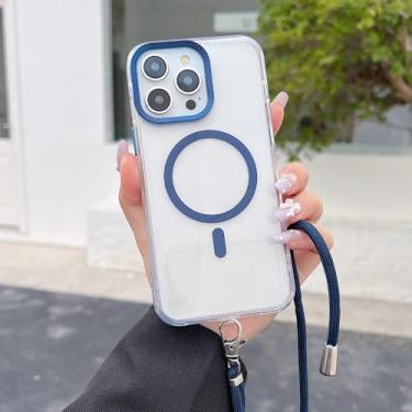 Imagem de Capa transparente magnética para iPhone 17 16 15 11 12 13 14 Pro Max com alça transversal, cordão e proteção anti-perda, azul marinho, para iPhone 16e