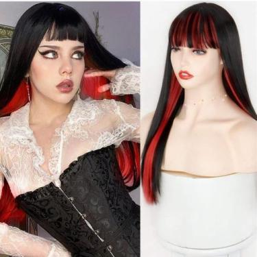 Imagem de Peruca feminina, preta e vermelha, longa e reta, com franja - Swiking