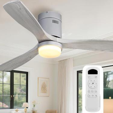 Imagem de Sofucor Ventilador de teto com luzes Ventilador de teto com montagem embutida de 132 cm com controle remoto, 3 lâminas de madeira maciça, ventiladores de teto externos modernos para quarto/quintal