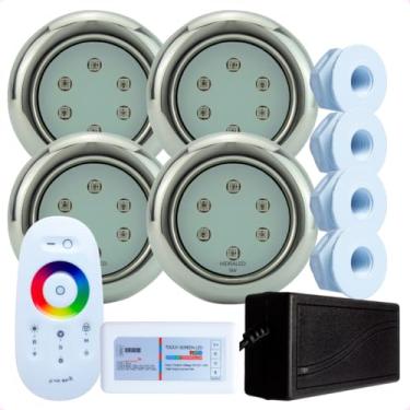 Imagem de Hidraled Kit Iluminação LED RGB para Piscina, 4 Refletores 9W Inox Mini, 4 Nichos para piscina de Fibra, Controle Remoto Touch