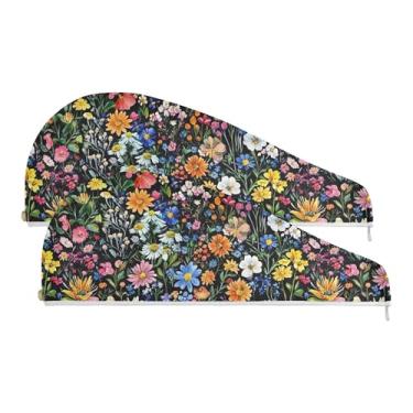 Imagem de SEHANY Toalha de cabelo de microfibra de flores coloridas elegantes para mulheres, 2 peças, turbantes de cabelo de secagem rápida com botão, touca de cabelo seco absorvente toalha de secagem de cabelo