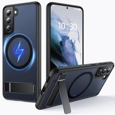 Imagem de FNDMIL Capa para Samsung Galaxy S21 FE com MagSafe [suporte ajustável] [carga em pé] [à prova de choque militar] amortecedor de silicone macio fosco translúcido para S21 FE fina, preta