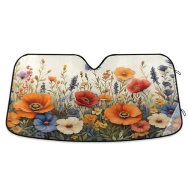 Imagem de ATTX Para-brisa de carro de flores silvestres em aquarela 139.7 cm x 70.1 cm Protetor solar universal com proteção UV, persiana de janela frontal automática dobrável para caminhões Sedans SUVs #407